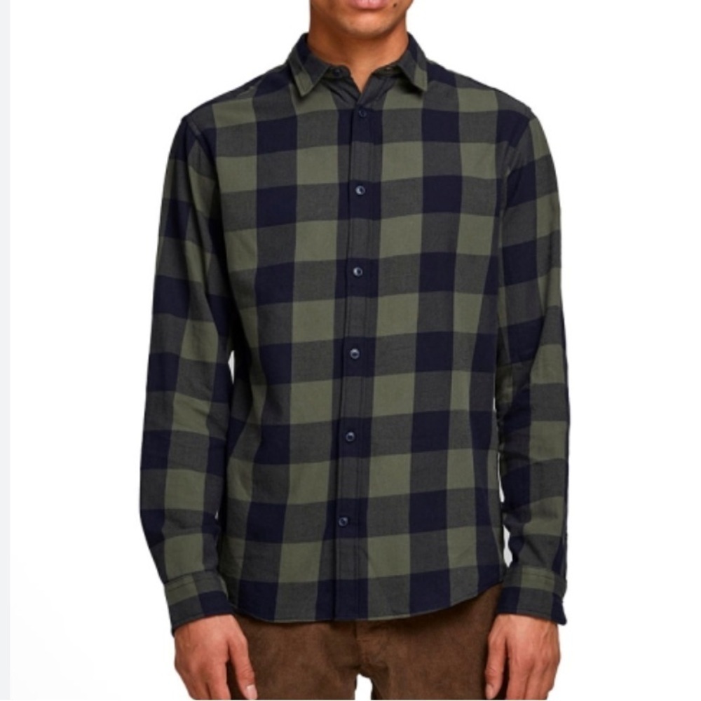 Only & Sons Olive Grey Plaid Button-Up Shirt Casual Flannel Look Size Medium